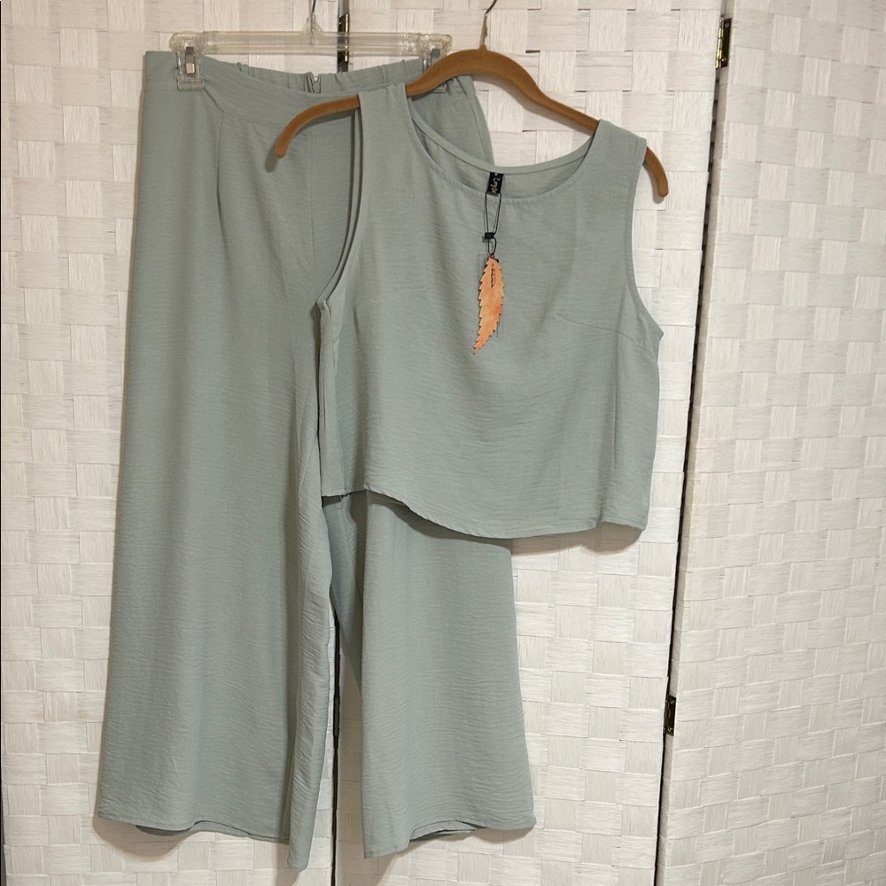 Rolyalamp Women's Sage Color  wide leg Pant Set